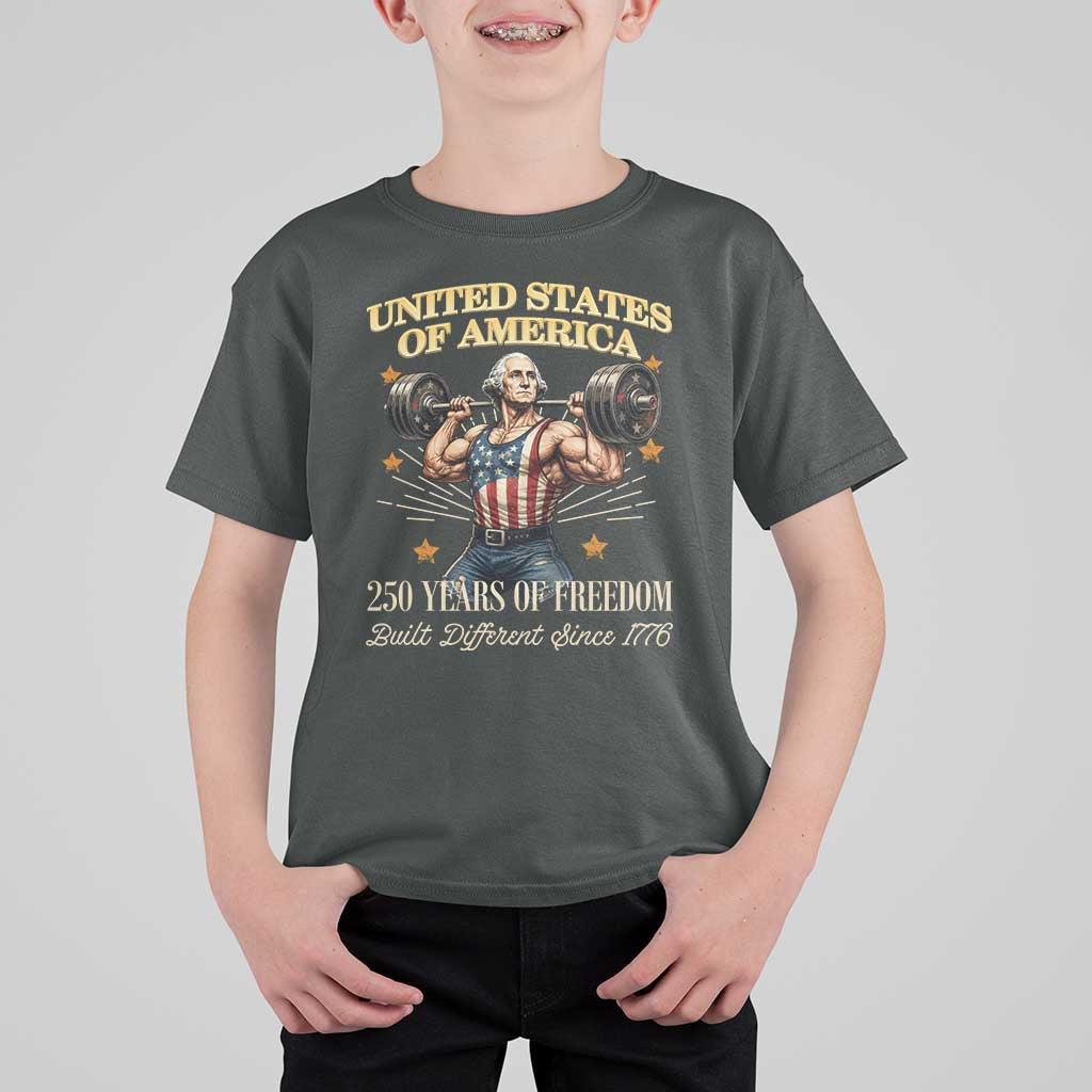 USA 250 Years of Freedom Muscular George Washington Weightlifter T Shirt For Kid Built Different Since 1776 Funny Patriotic 1st President Bodybuilder