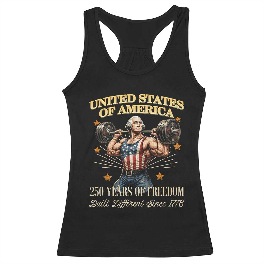 USA 250 Years of Freedom Muscular George Washington Weightlifter Racerback Tank Top Built Different Since 1776 Funny Patriotic 1st President Bodybuilder