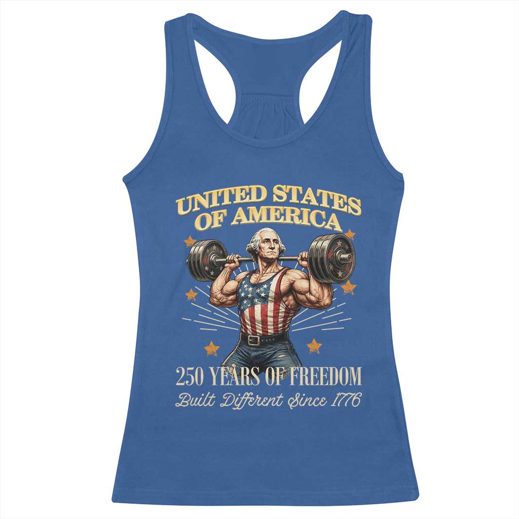 USA 250 Years of Freedom Muscular George Washington Weightlifter Racerback Tank Top Built Different Since 1776 Funny Patriotic 1st President Bodybuilder