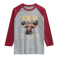 USA 250 Years of Freedom Muscular George Washington Weightlifter Raglan Shirt Built Different Since 1776 Funny Patriotic 1st President Bodybuilder