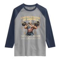 USA 250 Years of Freedom Muscular George Washington Weightlifter Raglan Shirt Built Different Since 1776 Funny Patriotic 1st President Bodybuilder