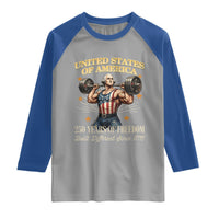 USA 250 Years of Freedom Muscular George Washington Weightlifter Raglan Shirt Built Different Since 1776 Funny Patriotic 1st President Bodybuilder