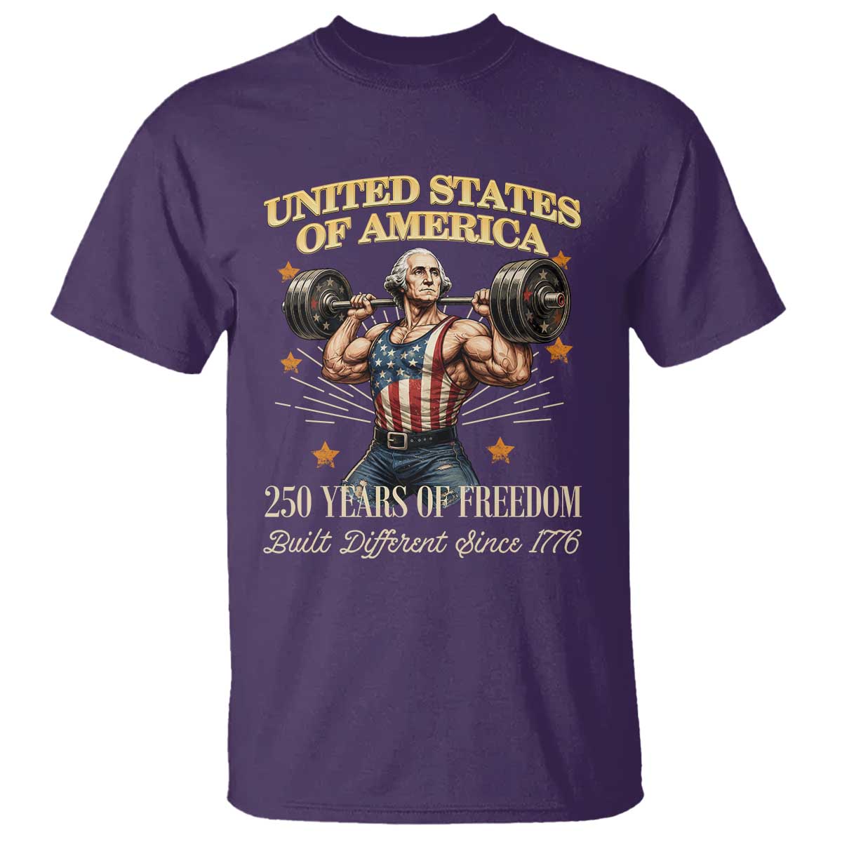 USA 250 Years of Freedom Muscular George Washington Weightlifter T Shirt Built Different Since 1776 Funny Patriotic 1st President Bodybuilder