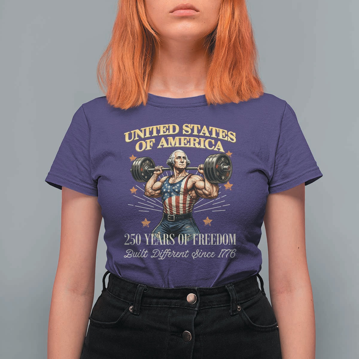 USA 250 Years of Freedom Muscular George Washington Weightlifter T Shirt For Women Built Different Since 1776 Funny Patriotic 1st President Bodybuilder