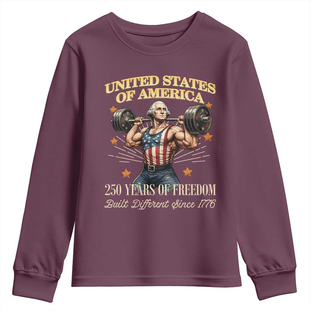 USA 250 Years of Freedom Muscular George Washington Weightlifter Youth Sweatshirt Built Different Since 1776 Funny Patriotic 1st President Bodybuilder