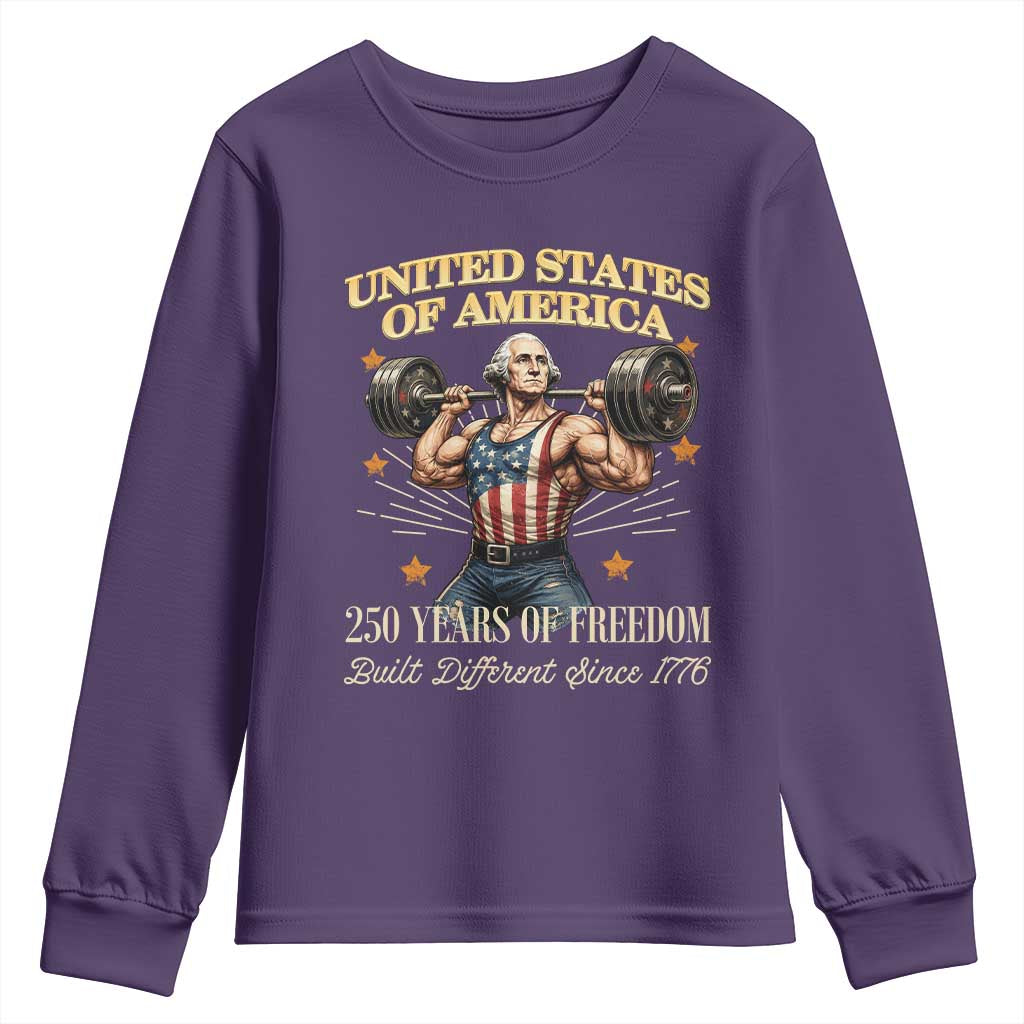 USA 250 Years of Freedom Muscular George Washington Weightlifter Youth Sweatshirt Built Different Since 1776 Funny Patriotic 1st President Bodybuilder