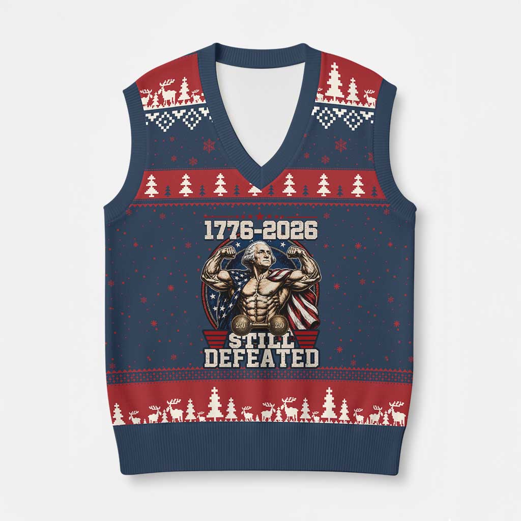 Still Undefeated 1776 to 2026 Muscular George Washington V-Neck Knit Sweater Vest Buff Bodybuilder American Flag Cape 250th Anniversary Semiquincentennial