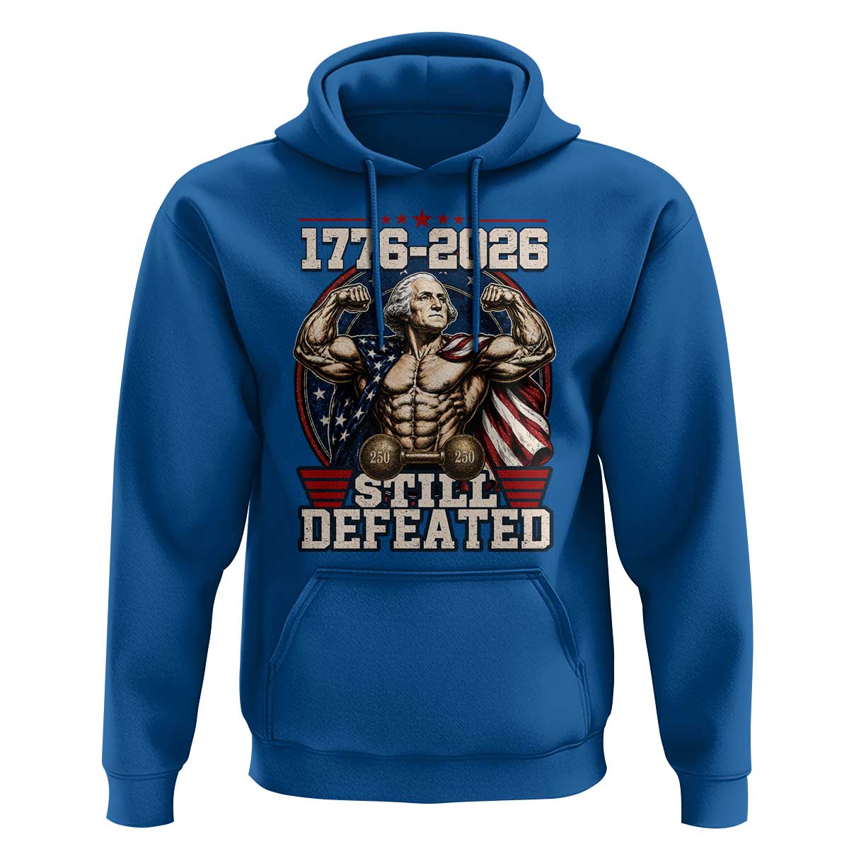 Still Undefeated 1776 to 2026 Muscular George Washington Hoodie Buff Bodybuilder American Flag Cape 250th Anniversary Semiquincentennial