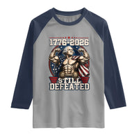 Still Undefeated 1776 to 2026 Muscular George Washington Raglan Shirt Buff Bodybuilder American Flag Cape 250th Anniversary Semiquincentennial