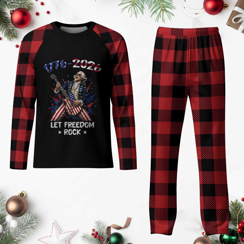 Let Freedom Rock George Washington Rock Star Plaid Pajama Set Funny Electric Guitar Player American Flag Suit 1776 to 2026 Semiquincentennial