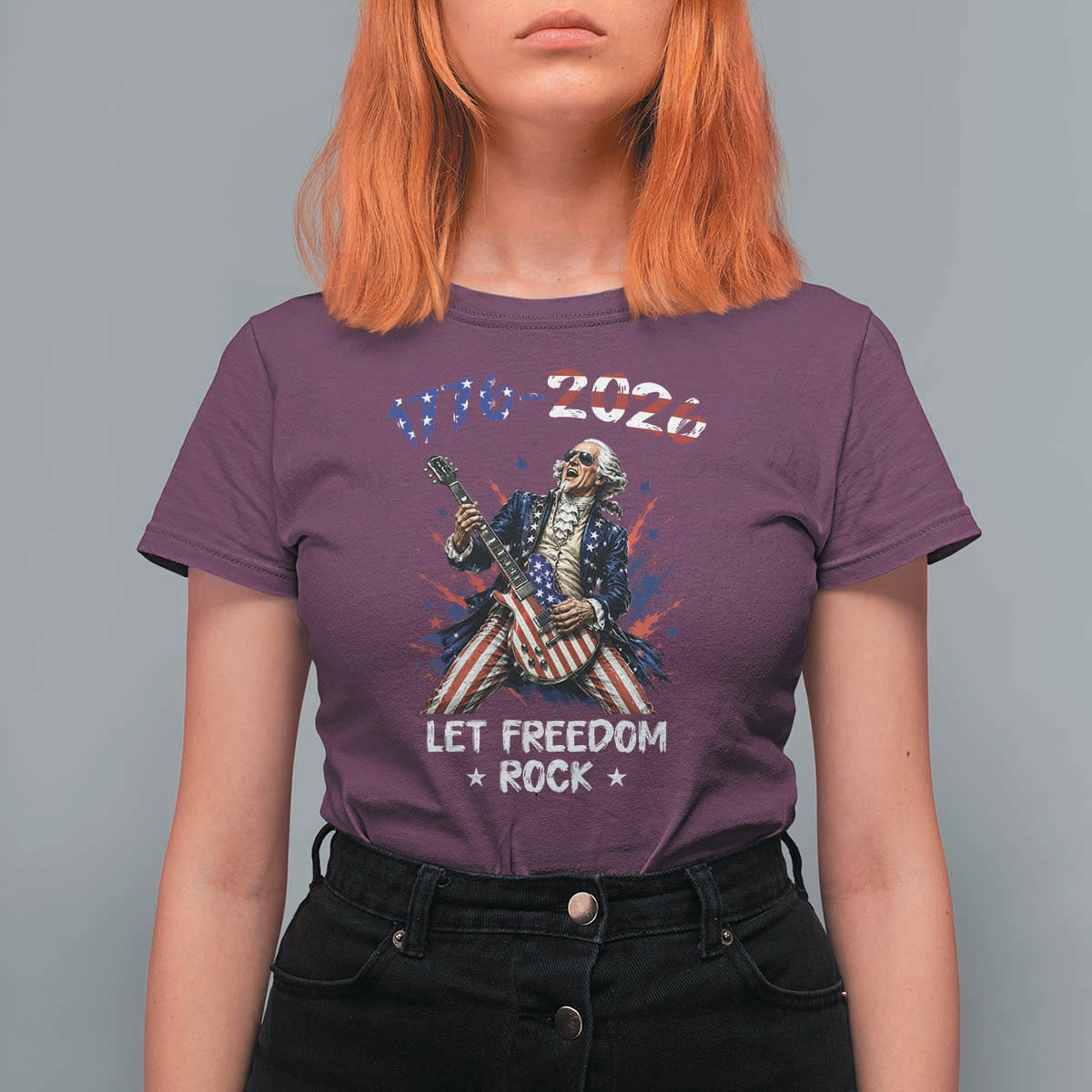 Let Freedom Rock George Washington Rock Star T Shirt For Women Funny Electric Guitar Player American Flag Suit 1776 to 2026 Semiquincentennial
