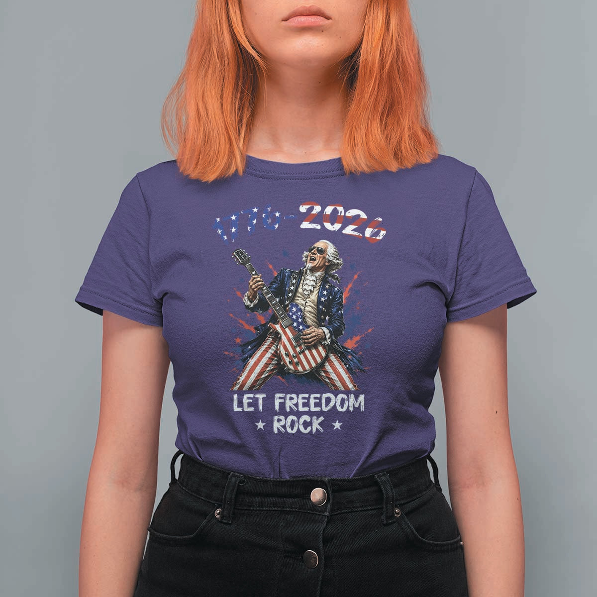 Let Freedom Rock George Washington Rock Star T Shirt For Women Funny Electric Guitar Player American Flag Suit 1776 to 2026 Semiquincentennial