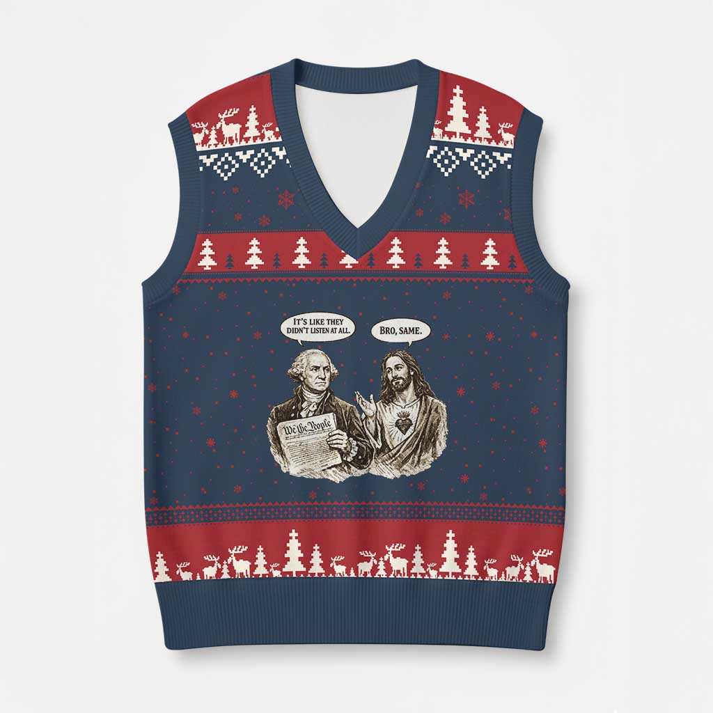 George Washington and Jesus Funny Historical Conversation V-Neck Knit Sweater Vest Its Like They Didnt Listen At All Meme Patriotic Humor