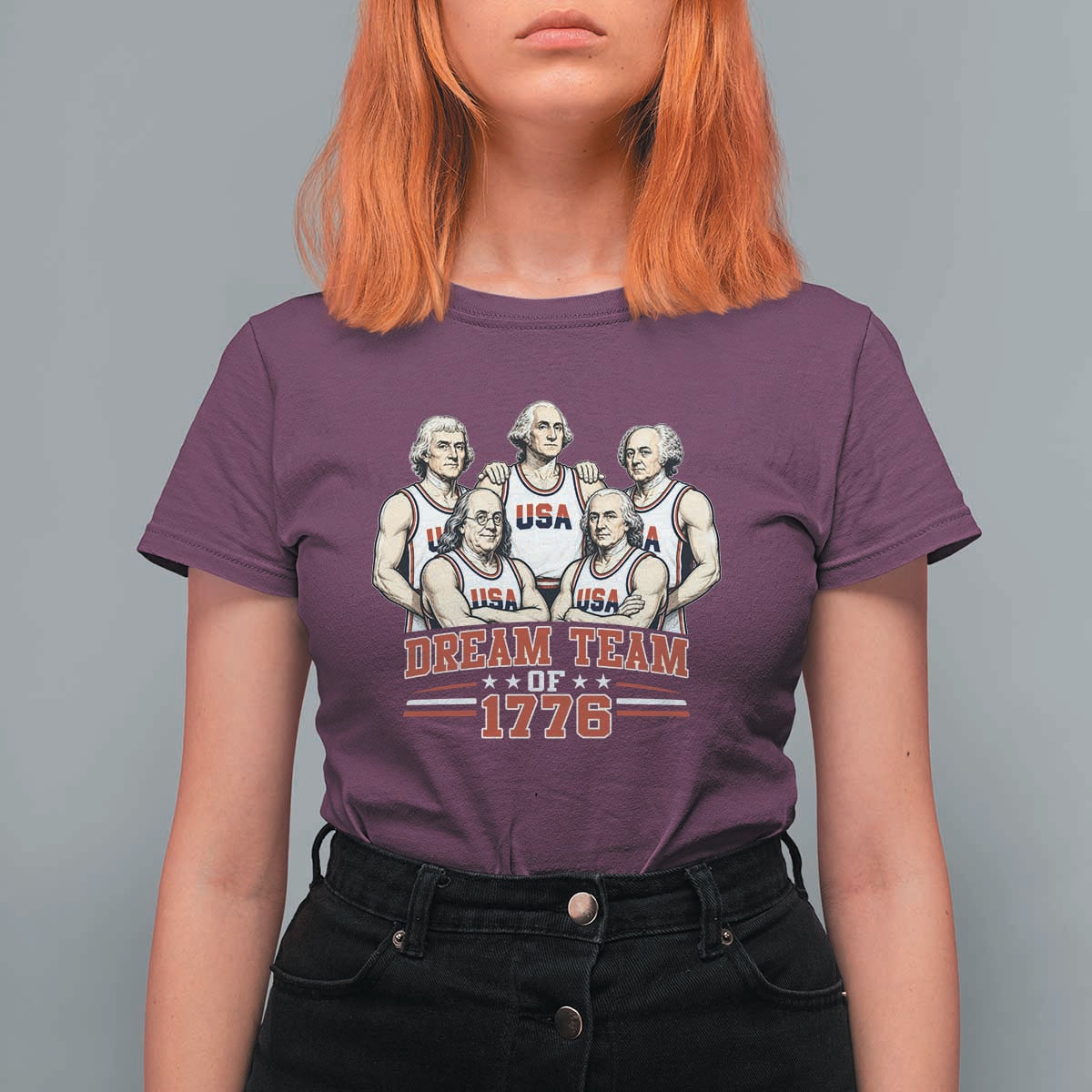 Dream Team of 1776 Funny Founding Fathers Basketball Players T Shirt For Women Patriotic Sports Team Parody 4th of July 250th Anniversary
