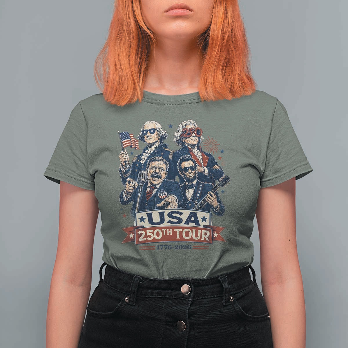 USA 250th Tour 2026 Founding Fathers Rock Concert T Shirt For Women Funny Mount Rushmore Rock Stars Semiquincentennial