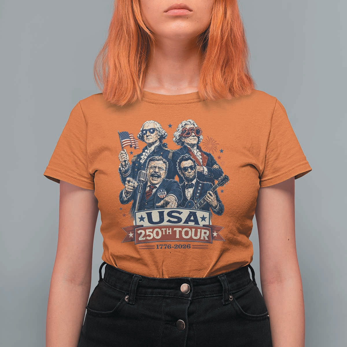 USA 250th Tour 2026 Founding Fathers Rock Concert T Shirt For Women Funny Mount Rushmore Rock Stars Semiquincentennial