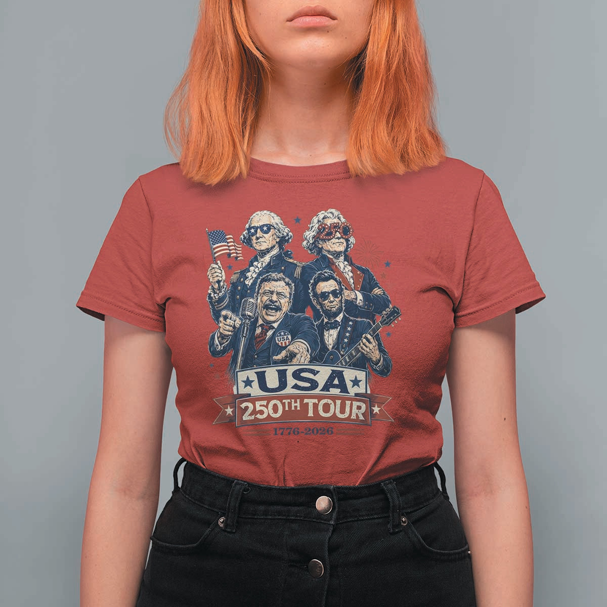 USA 250th Tour 2026 Founding Fathers Rock Concert T Shirt For Women Funny Mount Rushmore Rock Stars Semiquincentennial