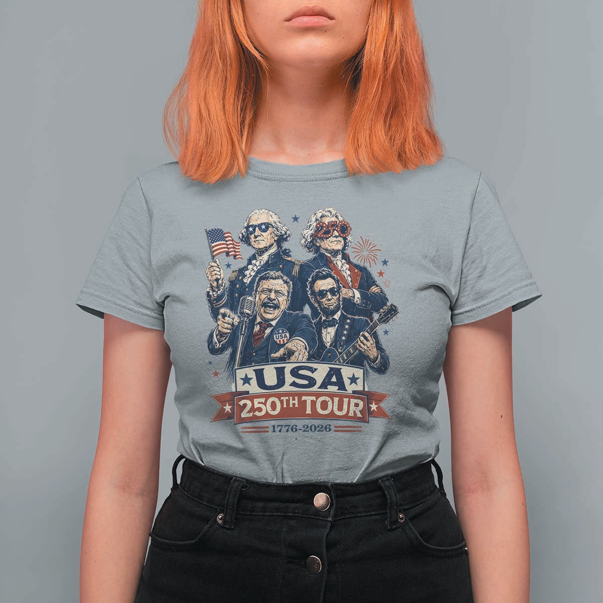 USA 250th Tour 2026 Founding Fathers Rock Concert T Shirt For Women Funny Mount Rushmore Rock Stars Semiquincentennial