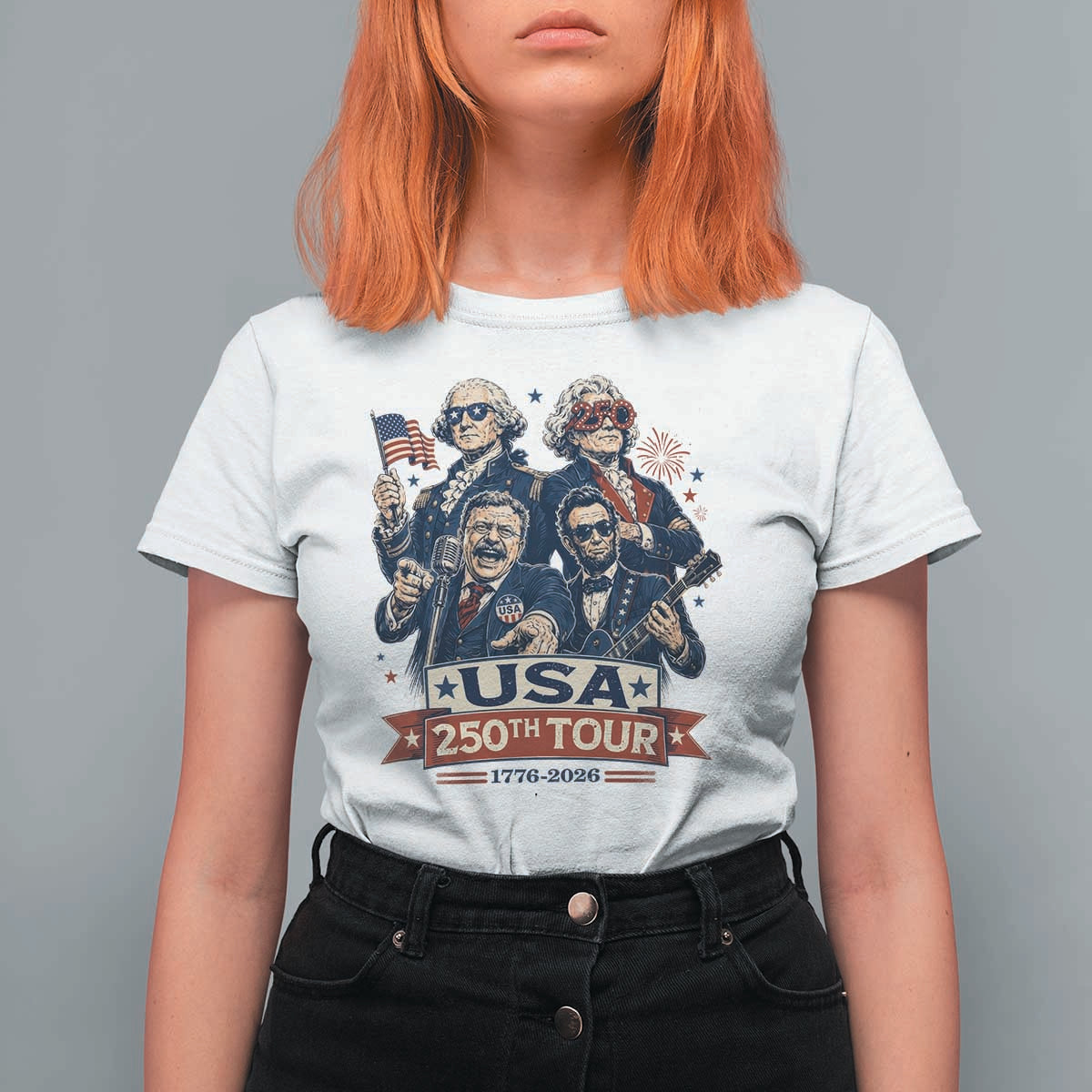 USA 250th Tour 2026 Founding Fathers Rock Concert T Shirt For Women Funny Mount Rushmore Rock Stars Semiquincentennial