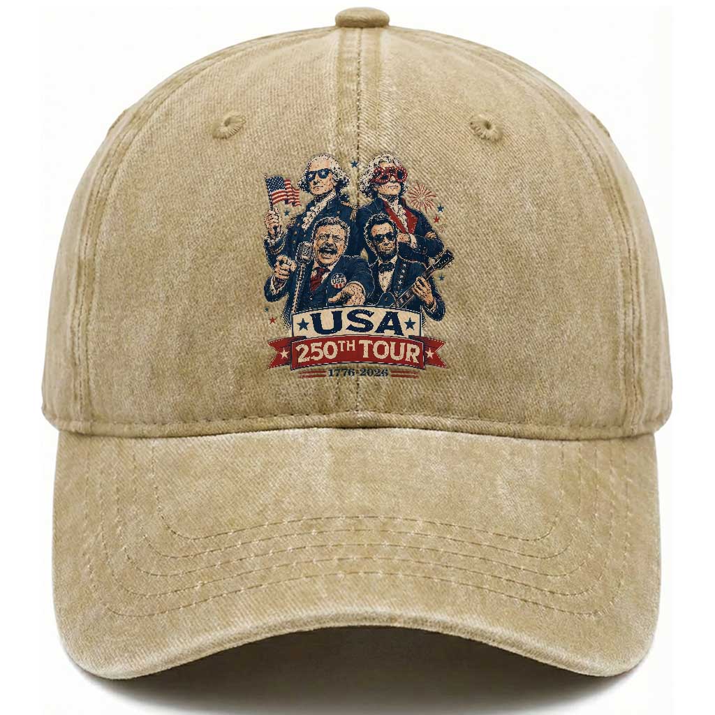 USA 250th Tour 2026 Founding Fathers Rock Concert Washed Cotton Baseball Cap Funny Mount Rushmore Rock Stars Semiquincentennial