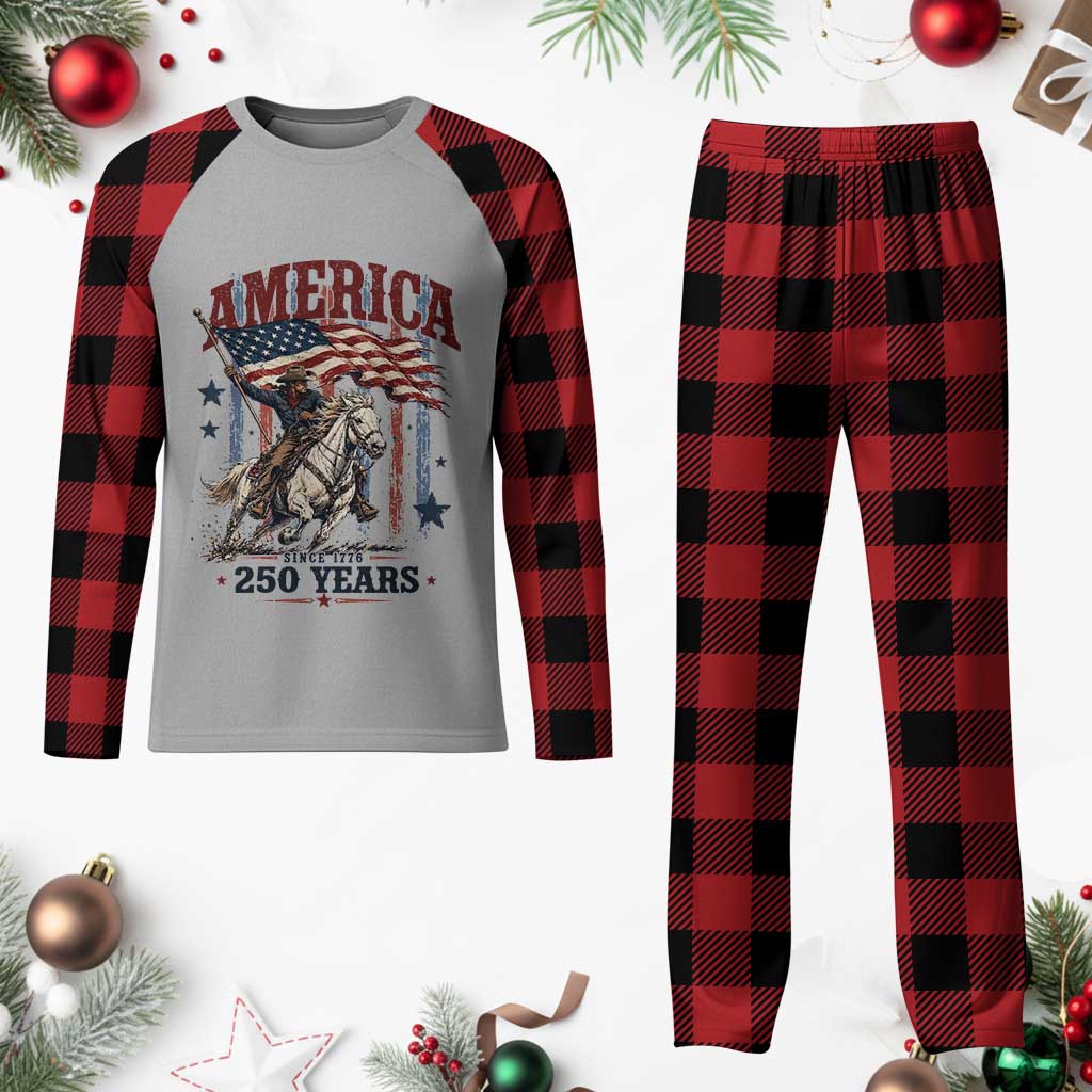 250 Years Since 1776 Cowboy on Horseback Plaid Pajama Set Vintage Patriotic Western Style American Flag Semiquincentennial