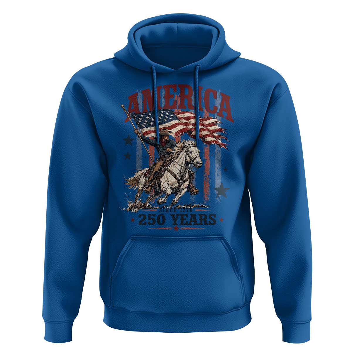 250 Years Since 1776 Cowboy on Horseback Hoodie Vintage Patriotic Western Style American Flag Semiquincentennial