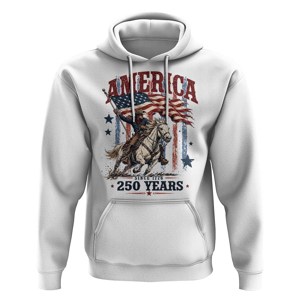 250 Years Since 1776 Cowboy on Horseback Hoodie Vintage Patriotic Western Style American Flag Semiquincentennial