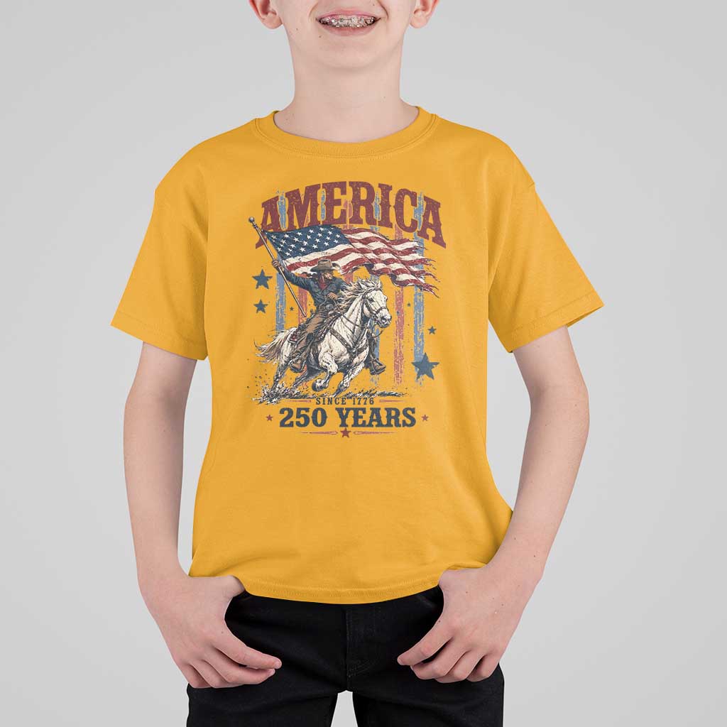250 Years Since 1776 Cowboy on Horseback T Shirt For Kid Vintage Patriotic Western Style American Flag Semiquincentennial