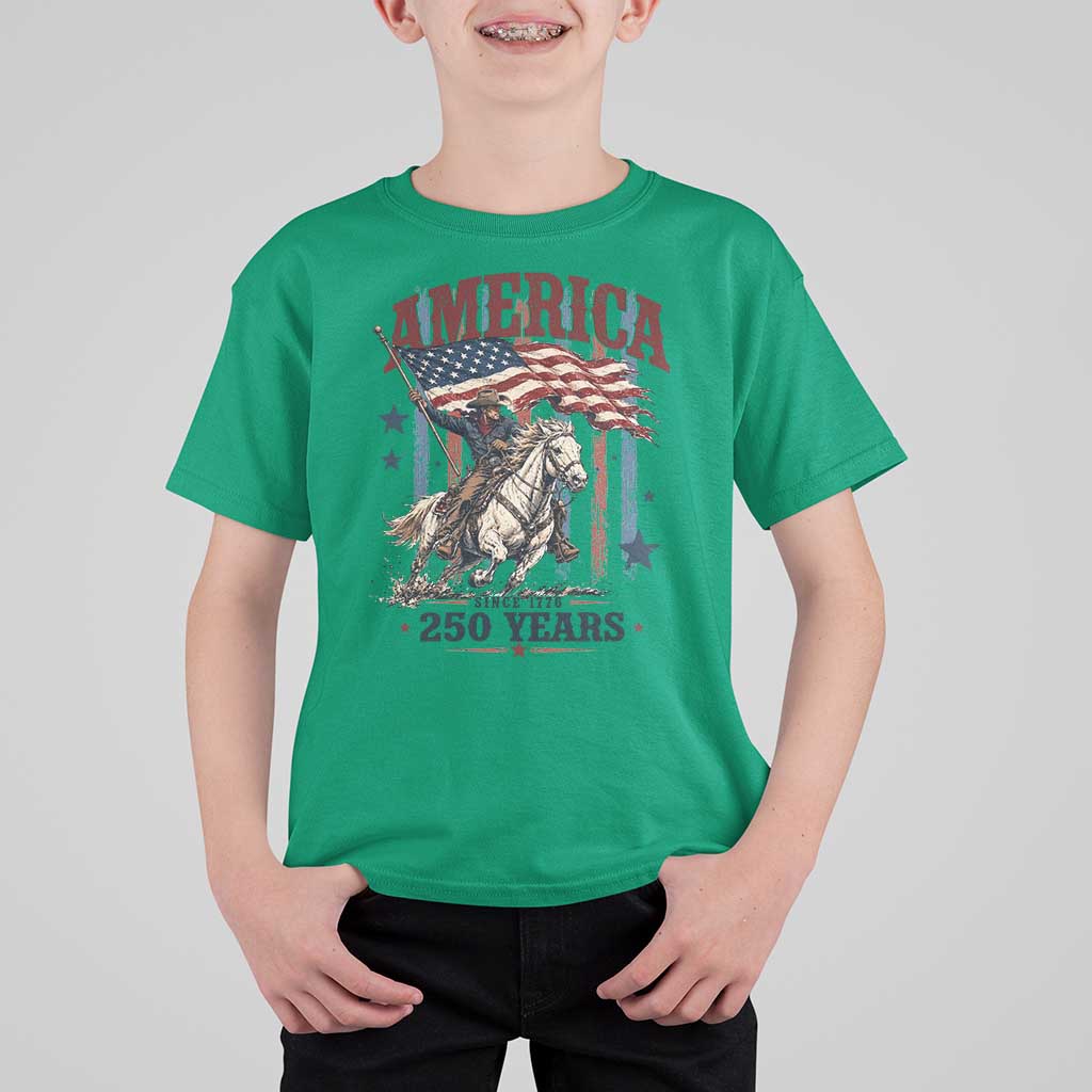 250 Years Since 1776 Cowboy on Horseback T Shirt For Kid Vintage Patriotic Western Style American Flag Semiquincentennial