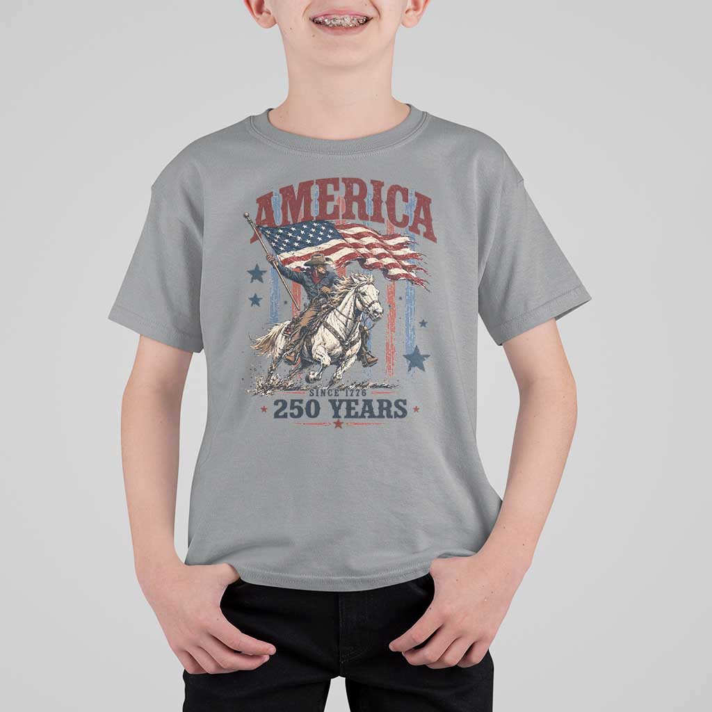 250 Years Since 1776 Cowboy on Horseback T Shirt For Kid Vintage Patriotic Western Style American Flag Semiquincentennial