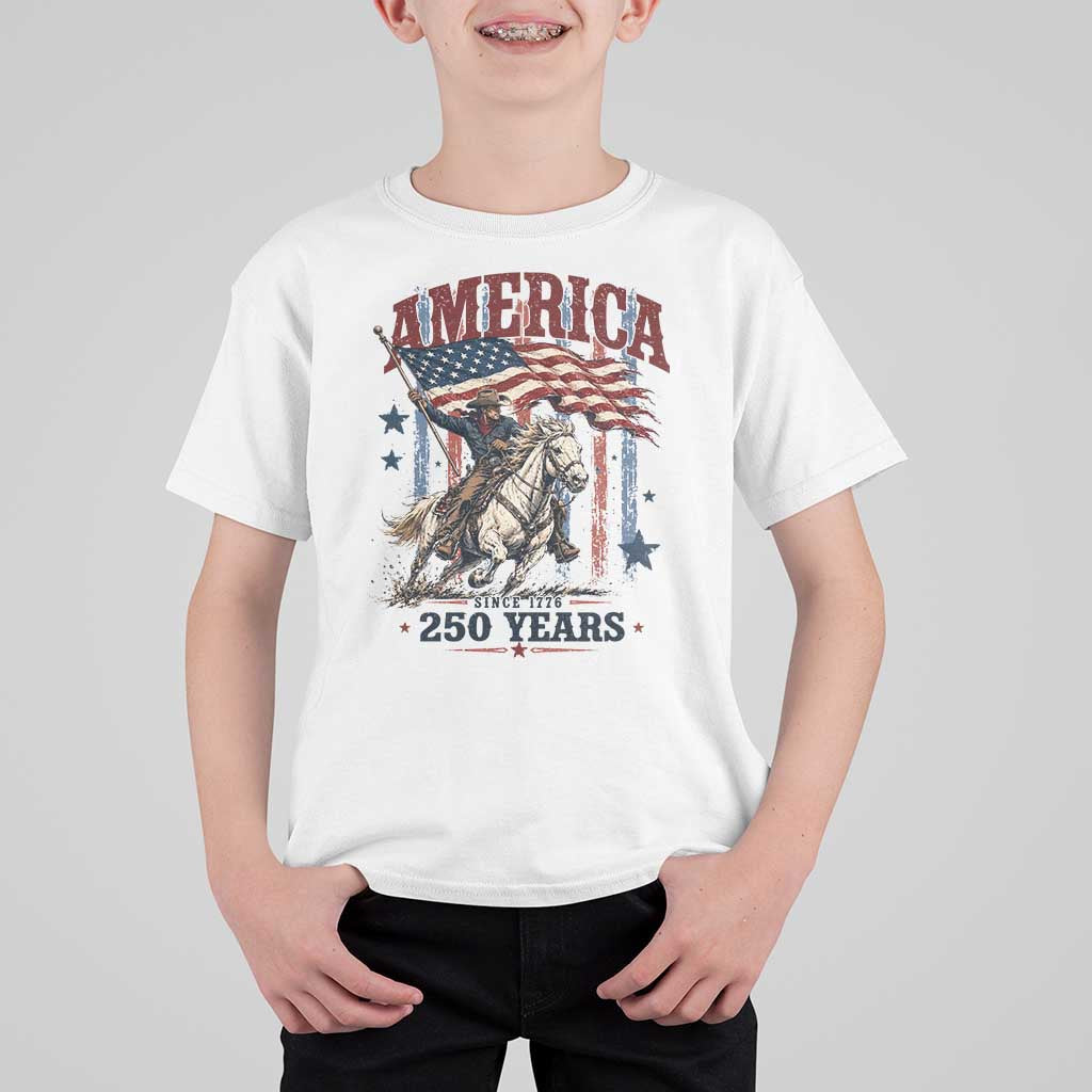 250 Years Since 1776 Cowboy on Horseback T Shirt For Kid Vintage Patriotic Western Style American Flag Semiquincentennial