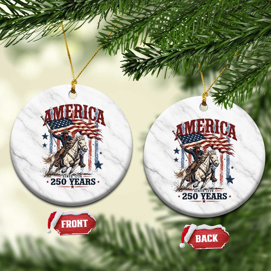 250 Years Since 1776 Cowboy on Horseback Ceramic Ornament Vintage Patriotic Western Style American Flag Semiquincentennial