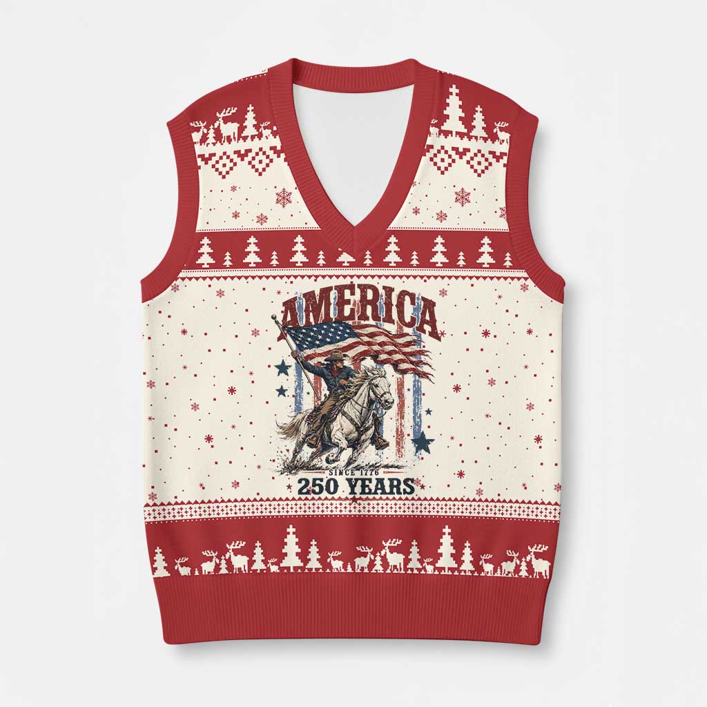 250 Years Since 1776 Cowboy on Horseback V-Neck Knit Sweater Vest Vintage Patriotic Western Style American Flag Semiquincentennial