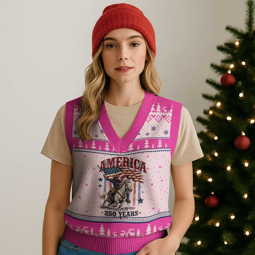 250 Years Since 1776 Cowboy on Horseback V-Neck Knit Sweater Vest Vintage Patriotic Western Style American Flag Semiquincentennial