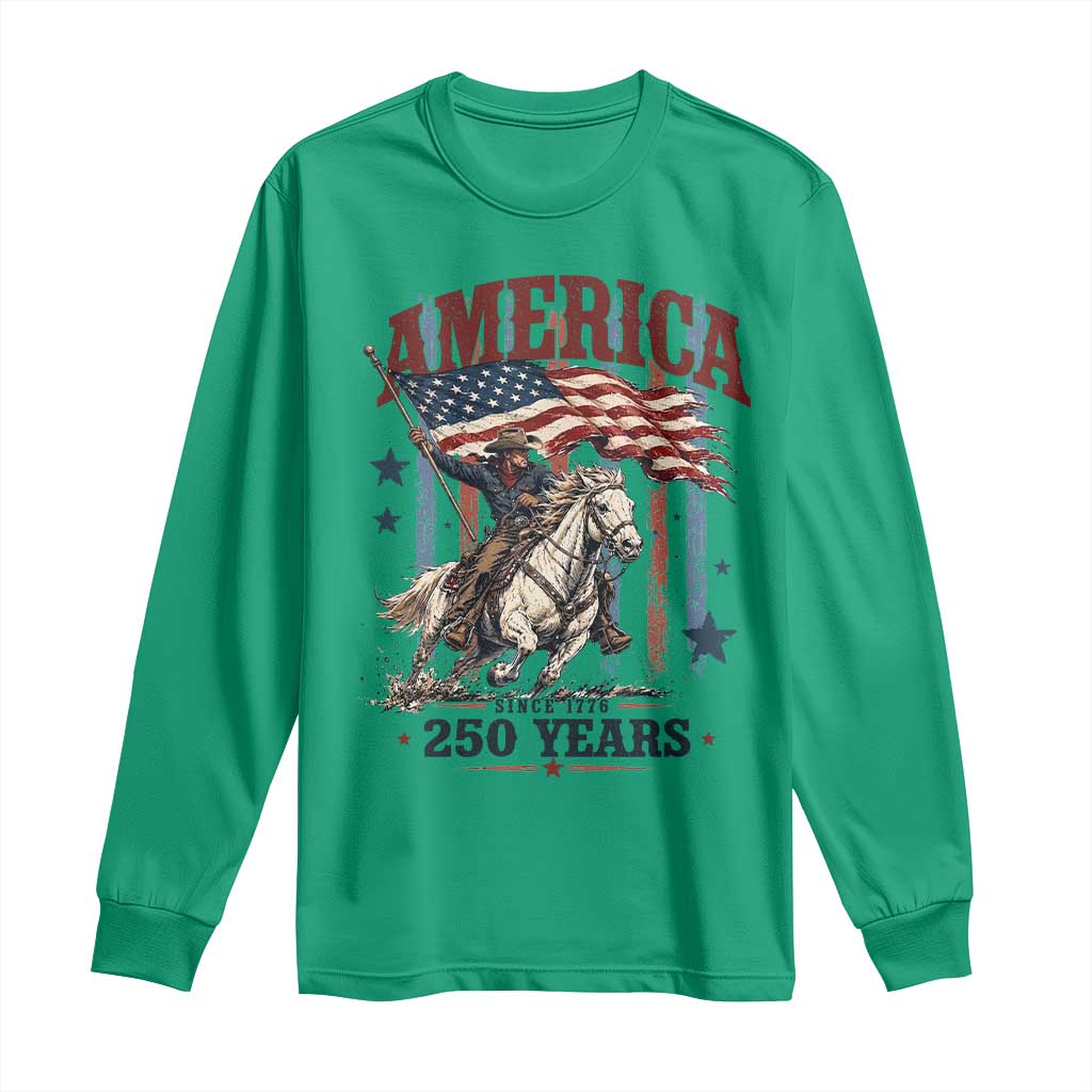 250 Years Since 1776 Cowboy on Horseback Long Sleeve Shirt Vintage Patriotic Western Style American Flag Semiquincentennial