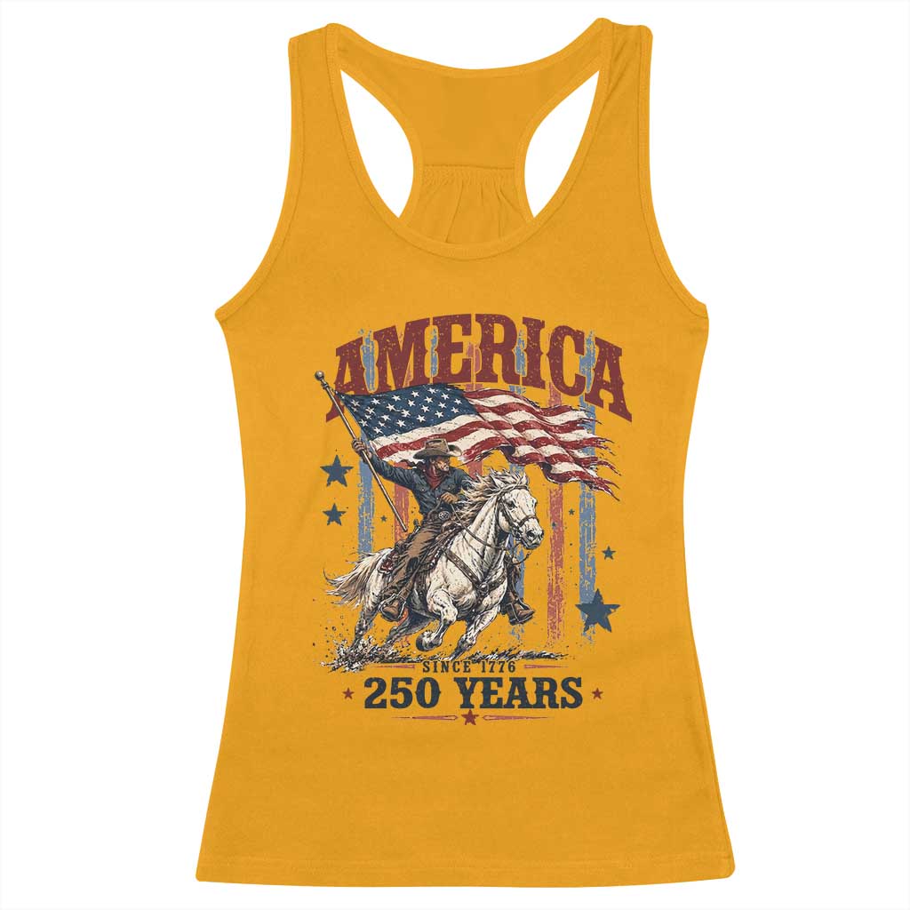 250 Years Since 1776 Cowboy on Horseback Racerback Tank Top Vintage Patriotic Western Style American Flag Semiquincentennial