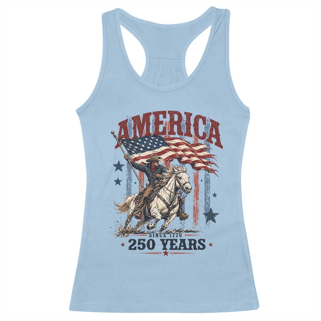250 Years Since 1776 Cowboy on Horseback Racerback Tank Top Vintage Patriotic Western Style American Flag Semiquincentennial