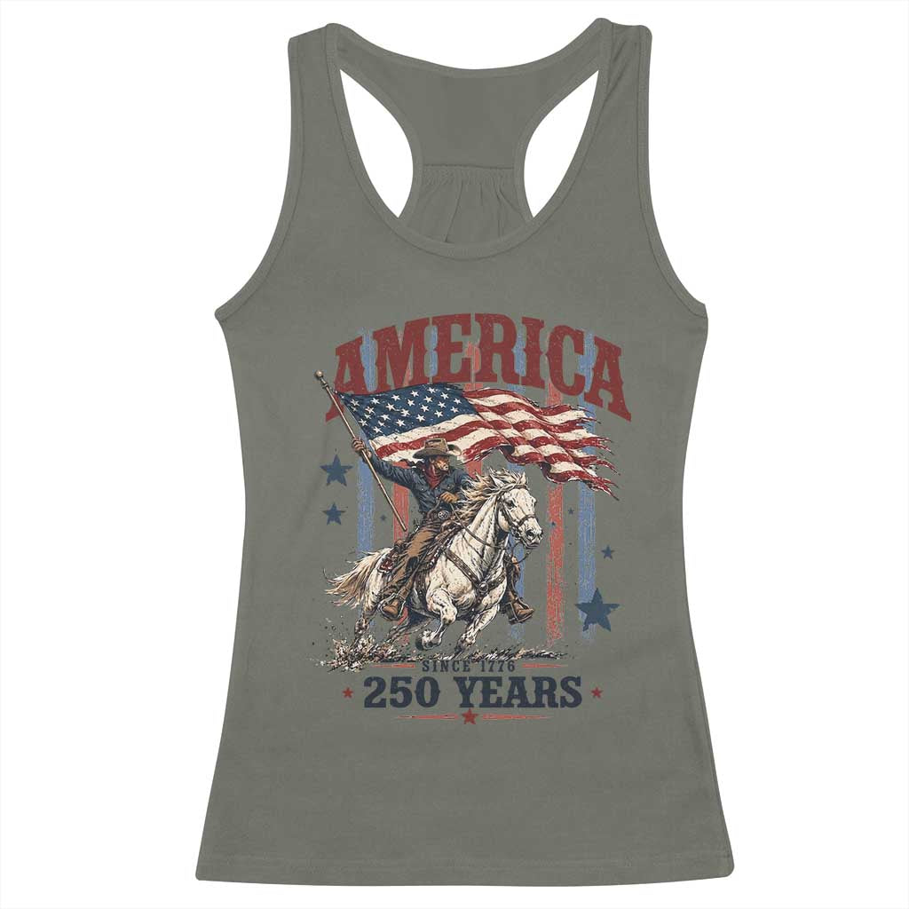 250 Years Since 1776 Cowboy on Horseback Racerback Tank Top Vintage Patriotic Western Style American Flag Semiquincentennial