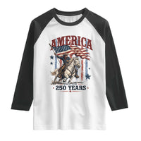 250 Years Since 1776 Cowboy on Horseback Raglan Shirt Vintage Patriotic Western Style American Flag Semiquincentennial