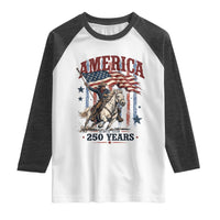 250 Years Since 1776 Cowboy on Horseback Raglan Shirt Vintage Patriotic Western Style American Flag Semiquincentennial