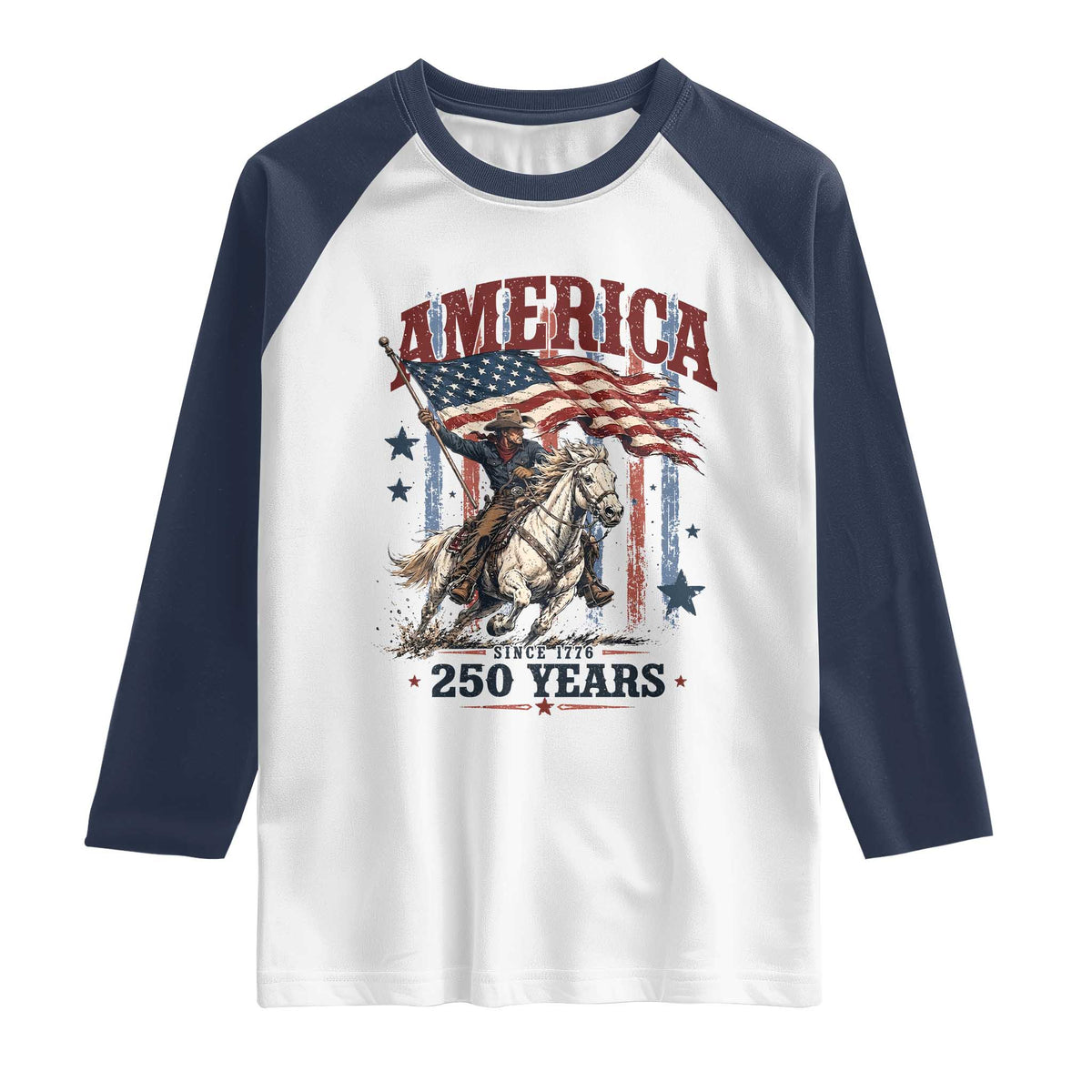 250 Years Since 1776 Cowboy on Horseback Raglan Shirt Vintage Patriotic Western Style American Flag Semiquincentennial