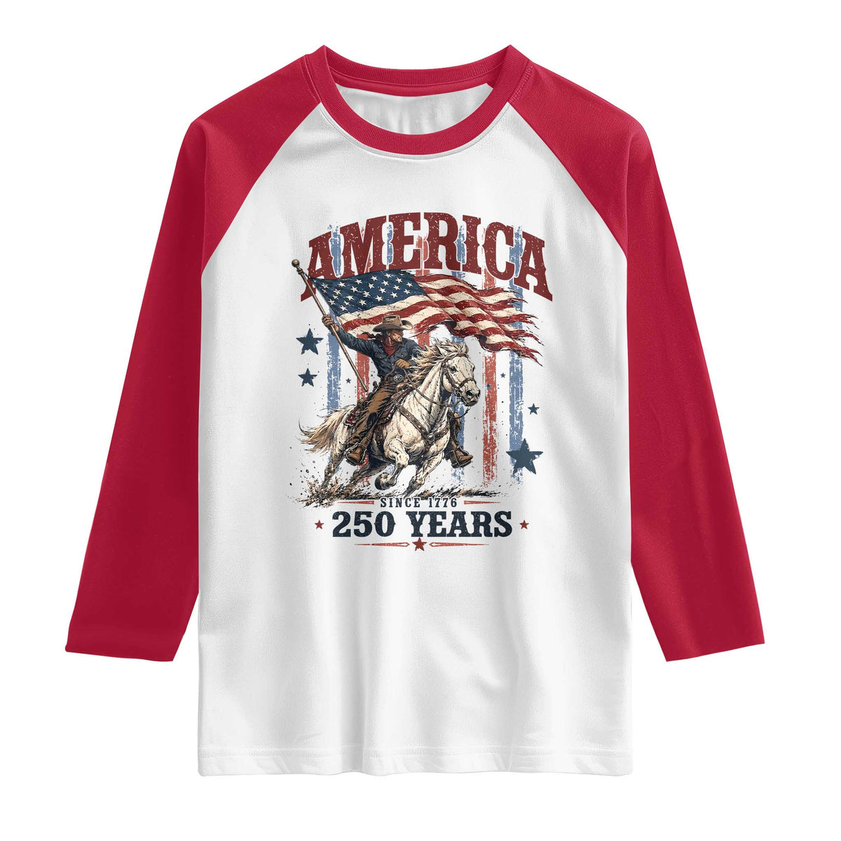 250 Years Since 1776 Cowboy on Horseback Raglan Shirt Vintage Patriotic Western Style American Flag Semiquincentennial