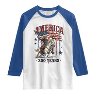250 Years Since 1776 Cowboy on Horseback Raglan Shirt Vintage Patriotic Western Style American Flag Semiquincentennial