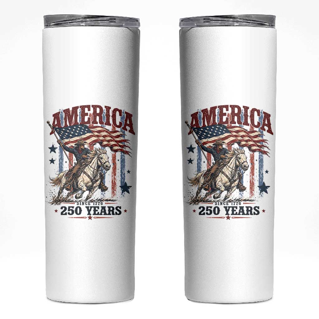 250 Years Since 1776 Cowboy on Horseback Skinny Tumbler Vintage Patriotic Western Style American Flag Semiquincentennial