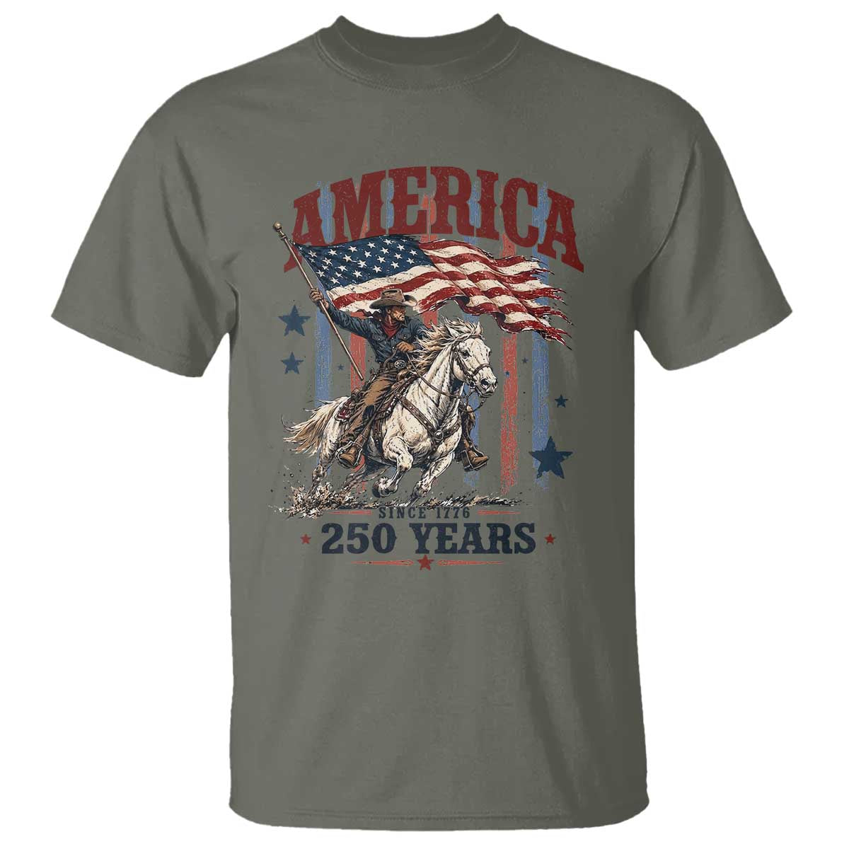 250 Years Since 1776 Cowboy on Horseback T Shirt Vintage Patriotic Western Style American Flag Semiquincentennial