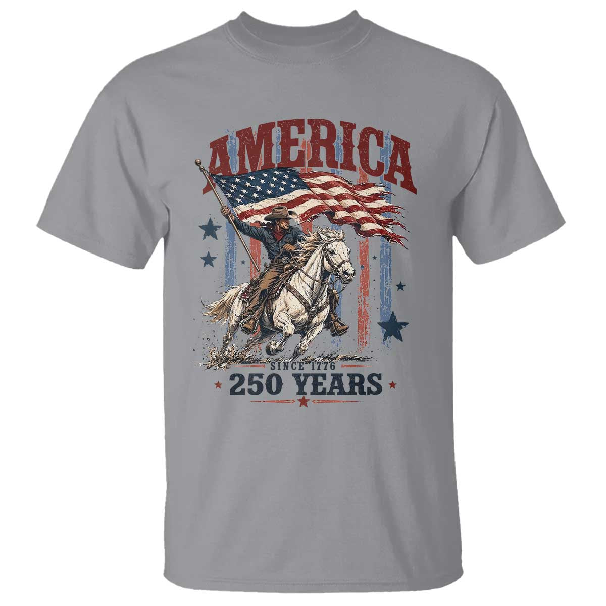 250 Years Since 1776 Cowboy on Horseback T Shirt Vintage Patriotic Western Style American Flag Semiquincentennial