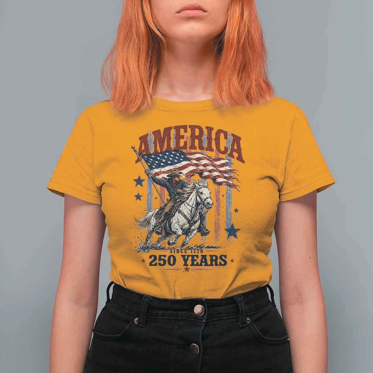 250 Years Since 1776 Cowboy on Horseback T Shirt For Women Vintage Patriotic Western Style American Flag Semiquincentennial