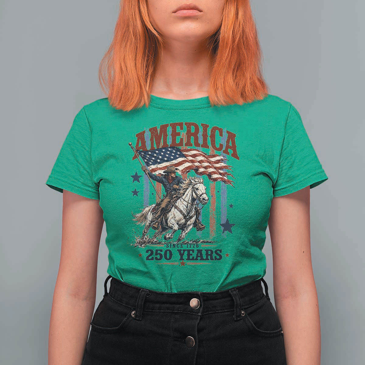 250 Years Since 1776 Cowboy on Horseback T Shirt For Women Vintage Patriotic Western Style American Flag Semiquincentennial