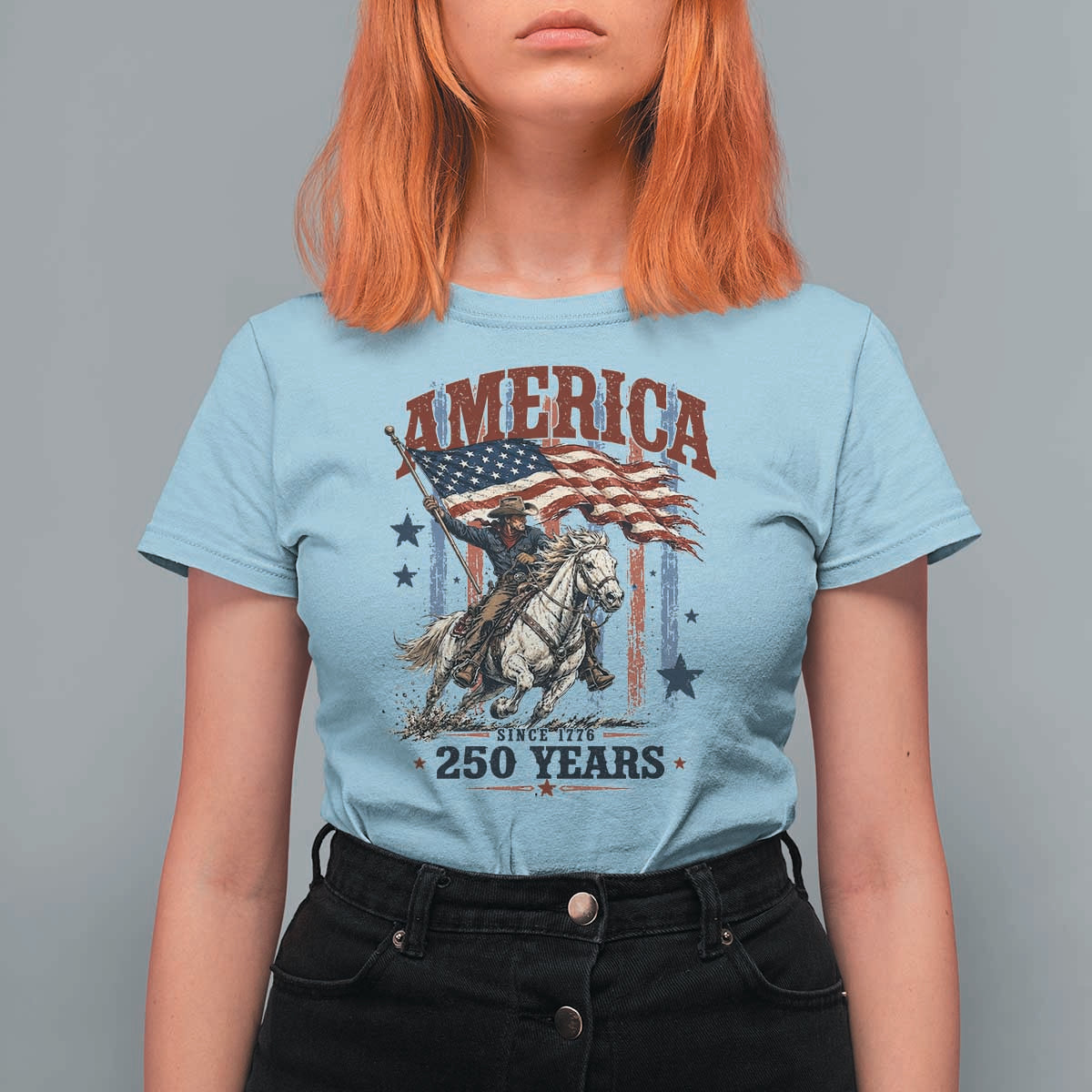 250 Years Since 1776 Cowboy on Horseback T Shirt For Women Vintage Patriotic Western Style American Flag Semiquincentennial