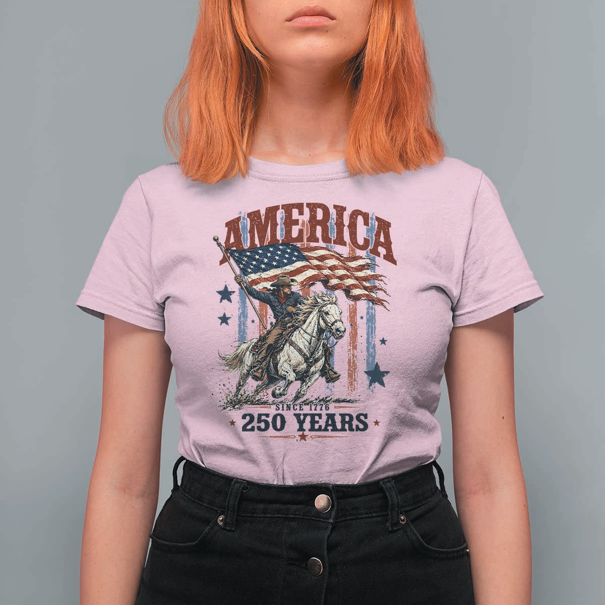 250 Years Since 1776 Cowboy on Horseback T Shirt For Women Vintage Patriotic Western Style American Flag Semiquincentennial